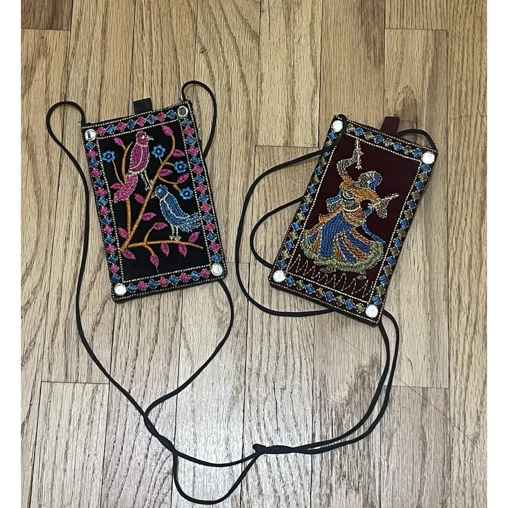 Rajasthani Embroidered Phone Purse Of A‎ Dancer / Tropical BirdsFloral 2pcs